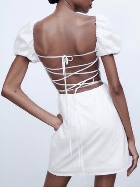 Zara Eyelet White Puff-Sleeve Square Neck Mini Dress